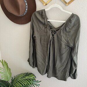 Jack BB Dakota Army Green Lightweight Peasant Boho Lace Up Blouse Shirt Tunic